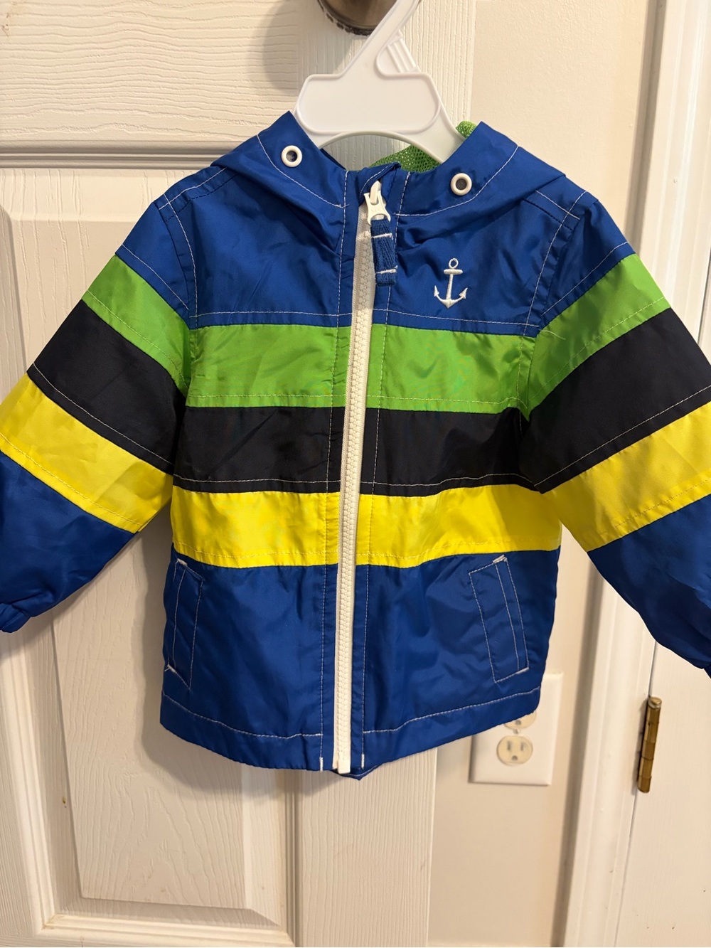 London Fog Kids Hooded Stripe Rain Jacket - Blue/Green/Black/Yellow